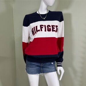 Tommy Hilfiger Navy and Red Logo Flag Long Sleeve Crewneck Sweater Mens Large